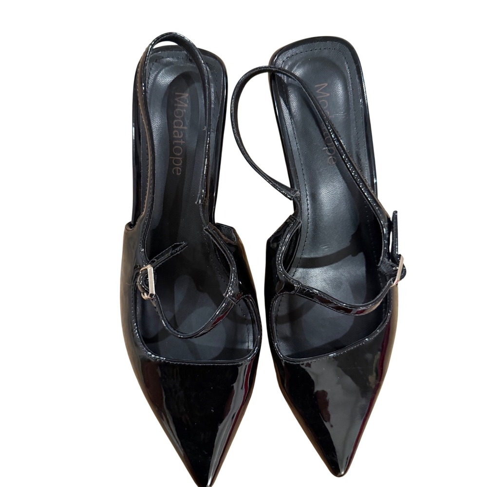 Black Patent Mary Jane Kitten Heels Pointed Toe Slingback Pumps Size 7